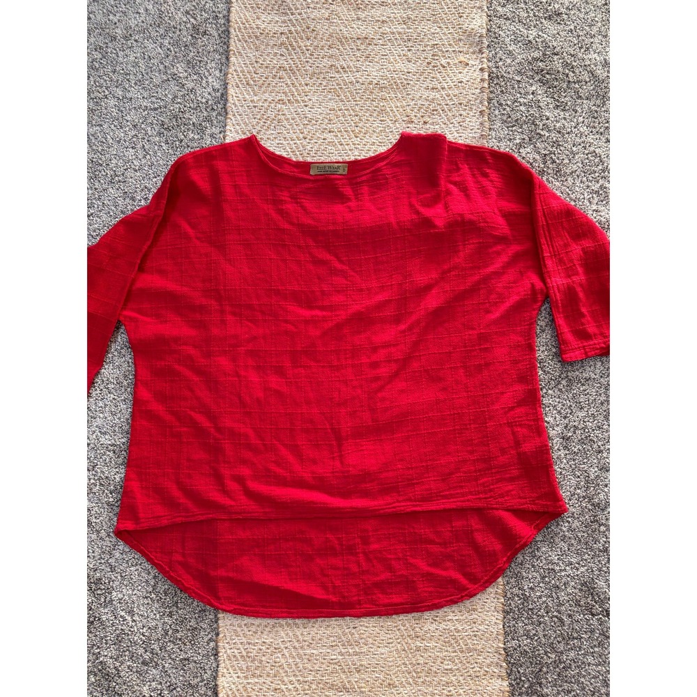Vintage Ezze Wear Textured Cotton Top Womens Large Red High Low Boat Neck
